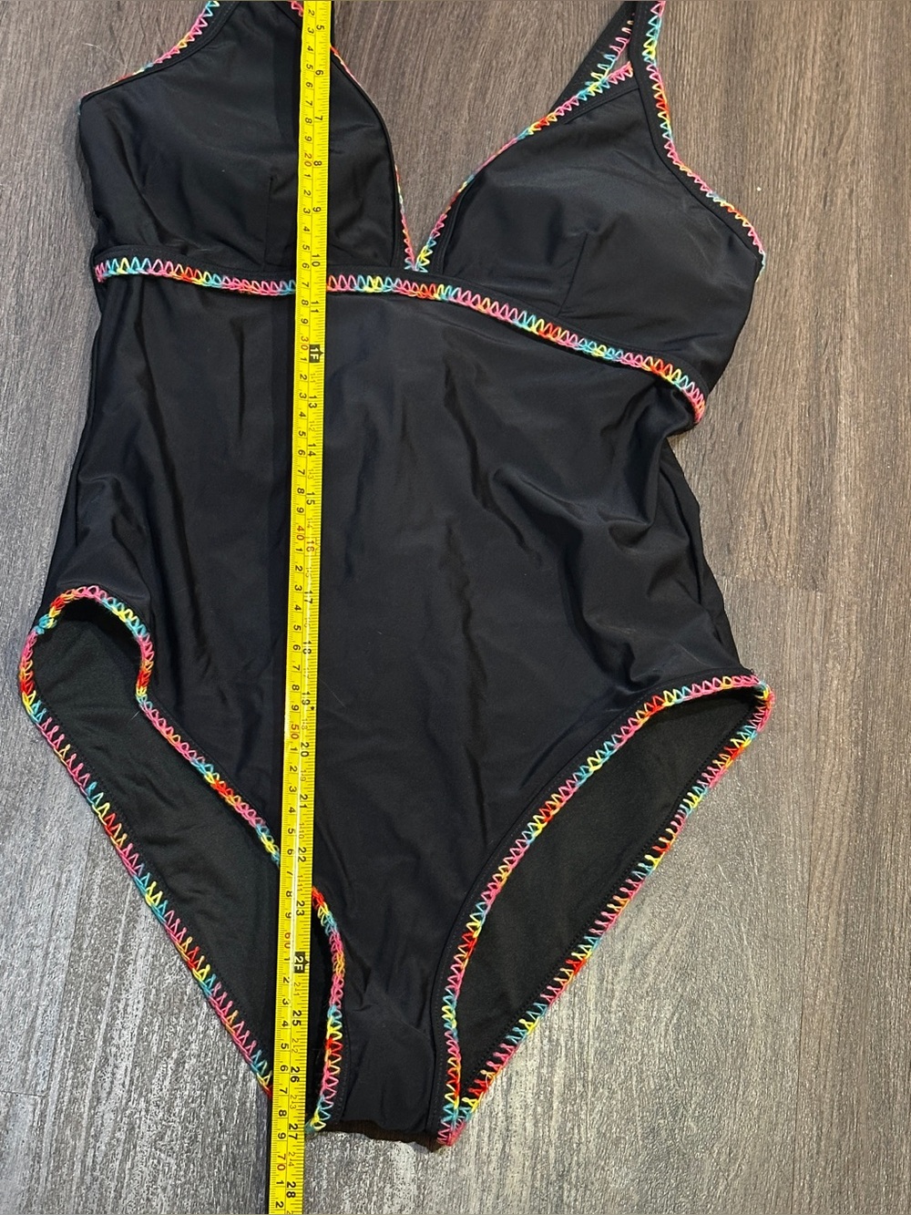 Rainbow Trim Cutout One Piece Swimsuit Black Neon Stitching Size Large NWT - Picture 7 of 11